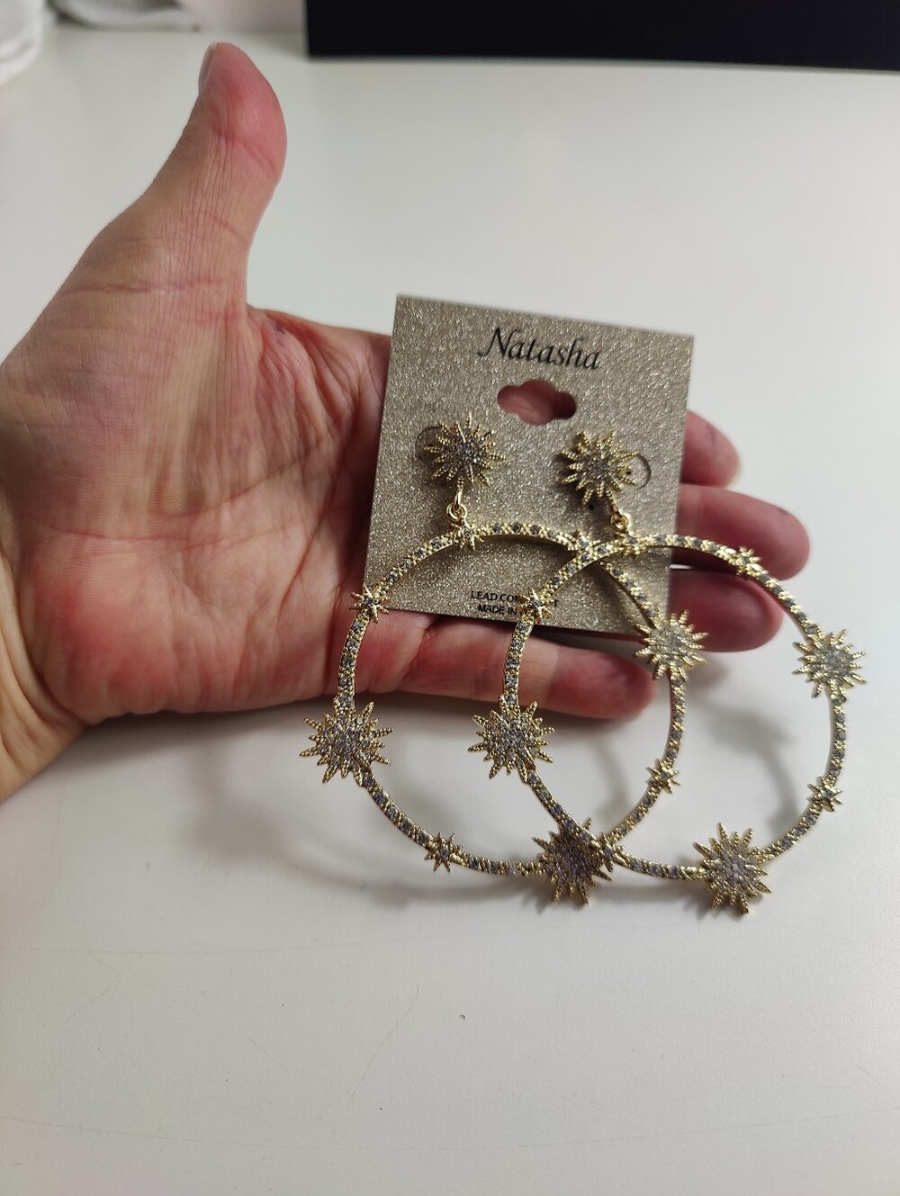 Natasha NWT 3 Pair Earrings Bundle CZ Bow Starburst Rhinestone Hoop - Picture 15 of 15